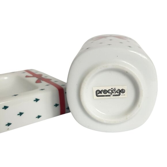 Vtg Christmas Soap Dish Cup Ceramic Set Prestige Japan Tree Red Bow 80s Retro - Picture 4 of 4